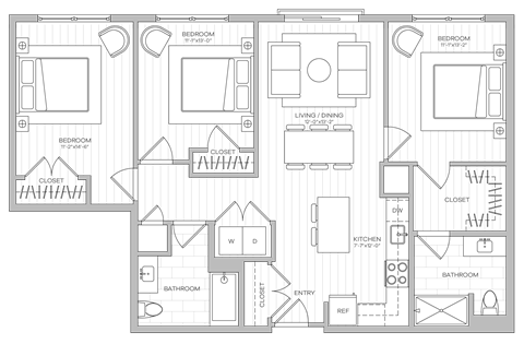 Floor plan for 3 beds, 2 baths, 1201 sqft